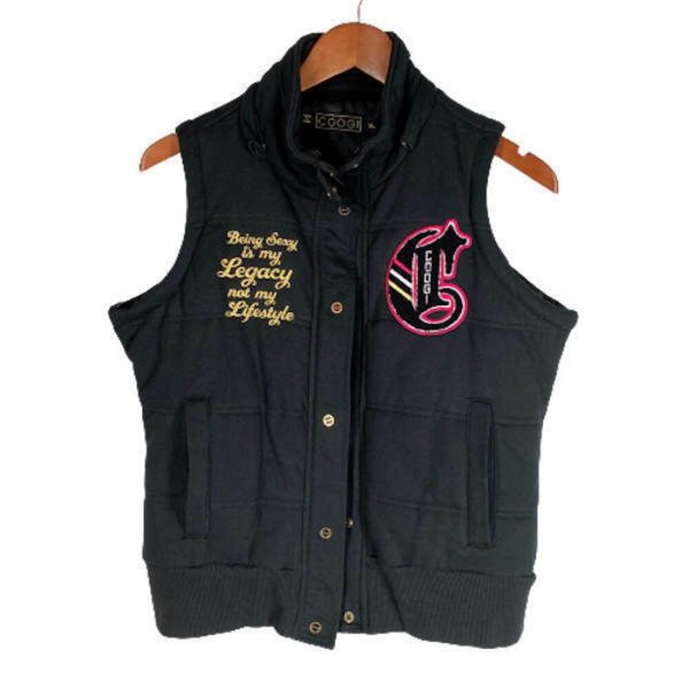 COOGI Legacy Puffer Vest XL Black Softshell Gold Pink Embroidery Full Zip